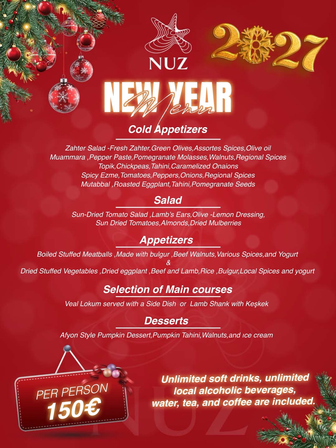 Nuz Restaurant - 2027 New Year Menu card with cold appetizers, salad, appetizers, main courses and dessert