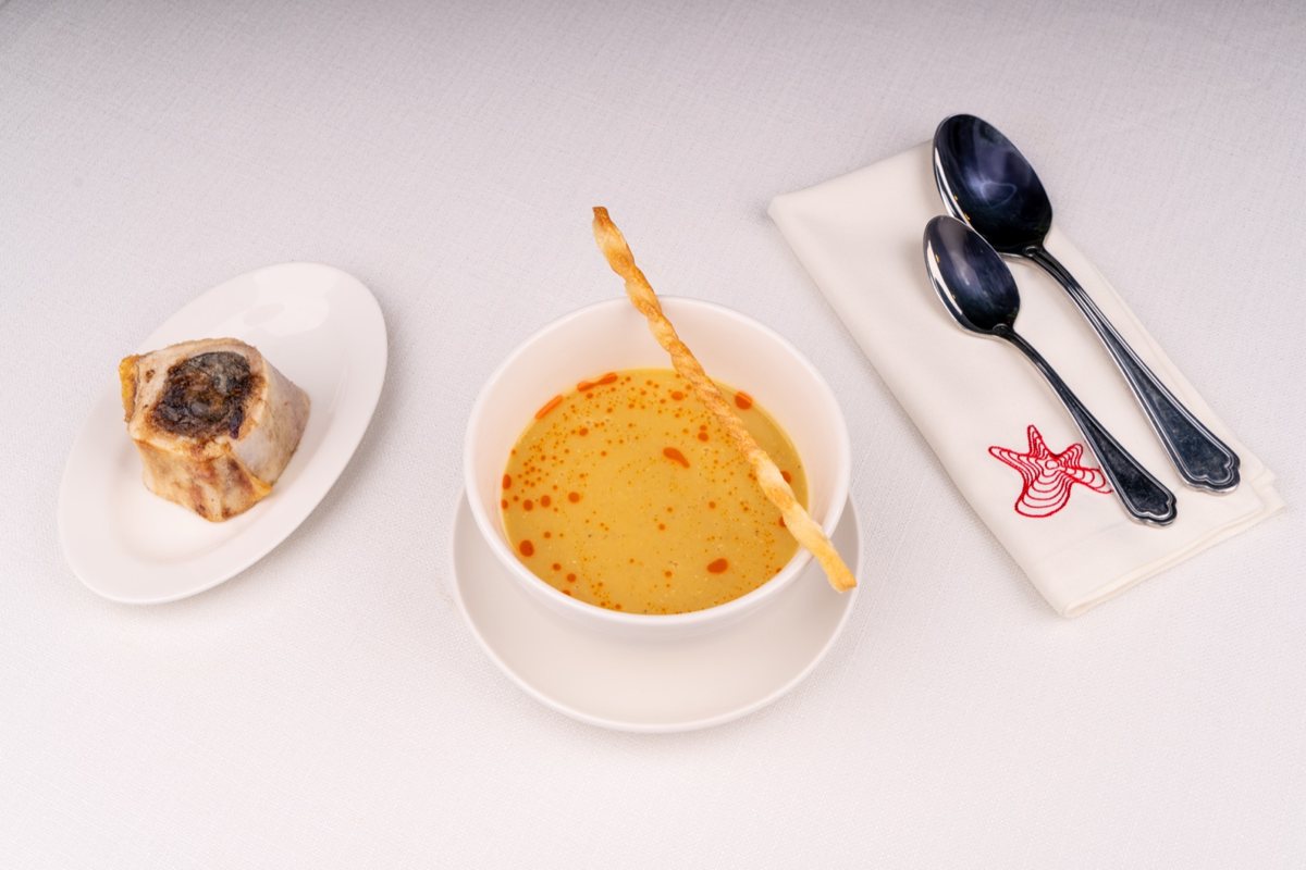 Nuz Restaurant - lentil soup made with beef bone broth, served with a marrow bone